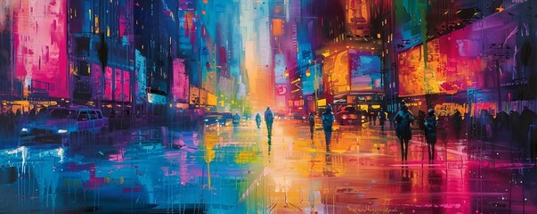 A vibrant abstract painting capturing the energy and excitement of a bustling city street, reflecting the diverse cultures, experiences, and perspectives that shape urban life.
