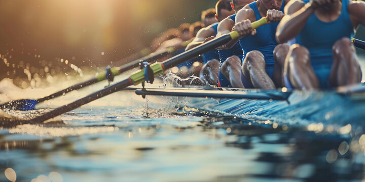 A rowing team competes on the water, showcasing their synchronized rowing movements and the power of teamwork.