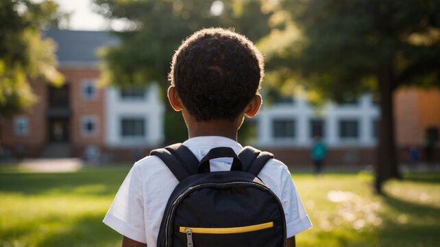 Black child on his back with school backpack, school in the background, back to school concept.