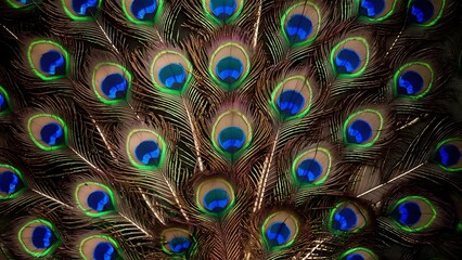 Colorful peacock feathers texture background, closeup, wallpaper