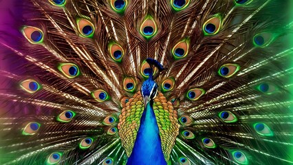 Fototapeta premium Colorful peacock feathers texture background, closeup, wallpaper
