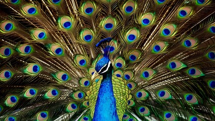 Obraz premium Colorful peacock feathers texture background, closeup, wallpaper