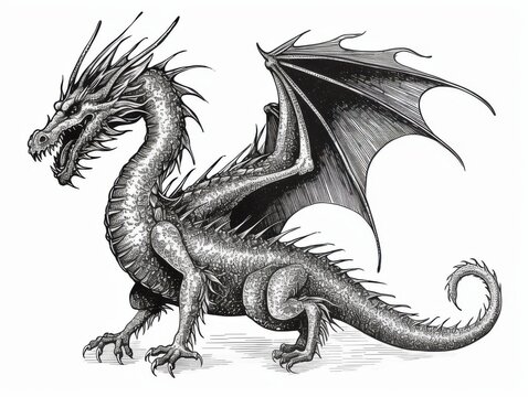recommend clip art: Black and white Vintage engraved art of a dragon isolated on white background, ink sketch illustration, simple vector art design, highly detailed line art, high contrasty 