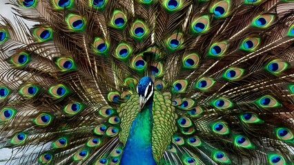Fototapeta premium Colorful peacock feathers texture background, closeup, wallpaper