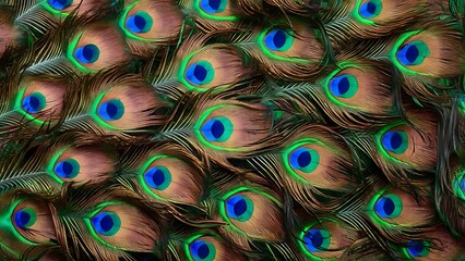 Obraz premium Colorful peacock feathers texture background, closeup, wallpaper