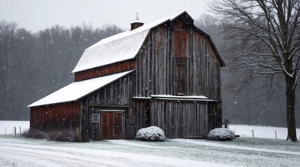 American barn from the 80s, snow falling in winter, nostalgia concept.