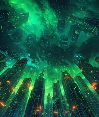 Fototapeta premium Futuristic Smart Cyber City illustration: Innovative Urban Landscape, futuristic technology and cyber punk concept, Graphic Resources, Wallpapers, Brochure, Websites, banner, Advertising, background
