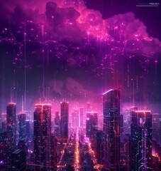 Obraz premium Futuristic Smart Cyber City illustration: Innovative Urban Landscape, futuristic technology and cyber punk concept, Graphic Resources, Wallpapers, Brochure, Websites, banner, Advertising, background