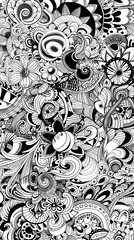 Abstract black and white intricate monochrome doodle art with various patterns and shapes.