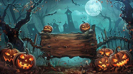 Halloween Card Party - Pumpkins And Zombies In Graveyard With Wooden Board