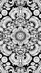 Abstract black and white intricate monochrome doodle art with various patterns and shapes.