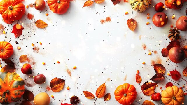 Autumn background showing pumpkins and fall leaves framing blank space. Vibrant colors and candy corn create festive fall border frame. Perfect for holiday projects