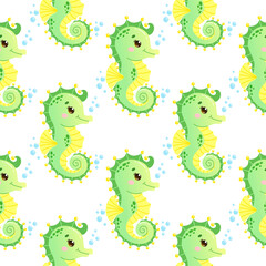Vector seamless pattern featuring adorable green and yellow seahorses with bubbles on a white background. 