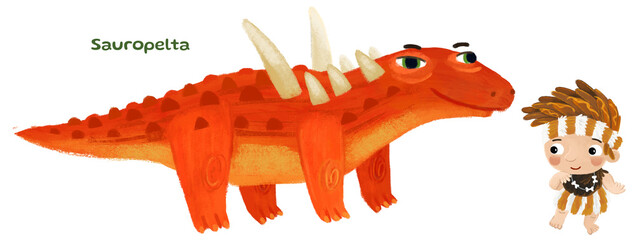 caveman human cartoon happy and funny colorful prehistoric dinosaur dino sauropelta isolated illustration with child pointing on animal © honeyflavour