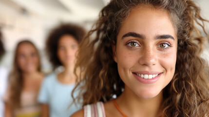 Obraz premium Smiling Young Woman with Friends in Background