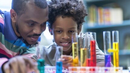 Obraz premium A man and a child are looking at a set of colorful test tubes