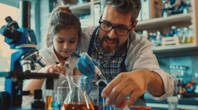 A man and a little girl are in a lab, working on a science experiment