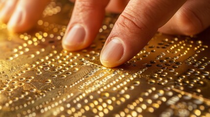 Close up of a blind person using their sense of touch to read braille on a golden plate