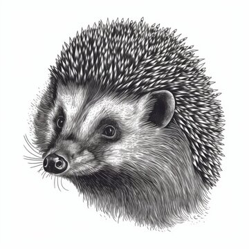 recommend clip art: Black and white Vintage engraved art of a hedgehog portrait isolated on white background, ink sketch illustration, simple vector art design, highly detailed line art, high contrasty. 