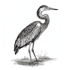 Black and white Vintage engraved art of a heron isolated on white background, ink sketch illustration, simple vector art design, highly detailed line art, high contrasty