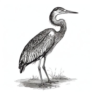 recommend clip art: Black and white Vintage engraved art of a heron isolated on white background, ink sketch illustration, simple vector art design, highly detailed line art, high contrasty