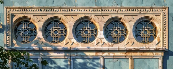 Decorative facade with geometric patterns, 4K hyperrealistic photo
