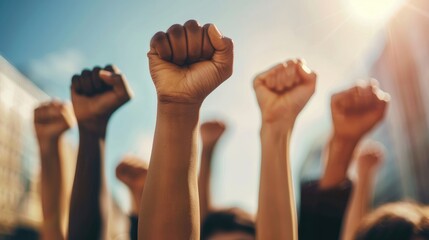Powerful raised fists in a protest, representing unity, rebellion, and the fight for social change