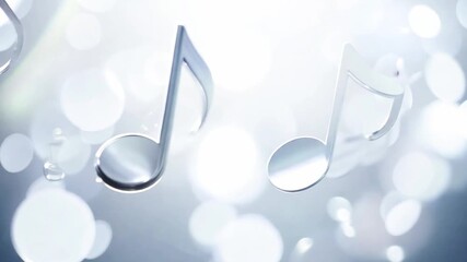 Silver musical notes on a light bokeh background, for serene music videos, relaxing and calming video content. Animated elegant silver notes floating in soft lighting