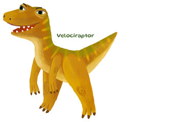 caveman human cartoon happy and funny colorful prehistoric dinosaur dino velociraptor isolated illustration with child pointing on animal