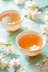 Cups of healthy jasmine tea with flowers