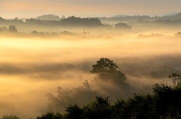 View of the mists over the valleys after sunrise