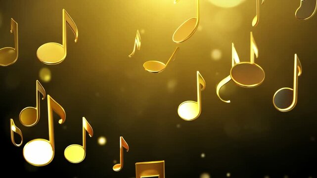 Glowing musical notes with a dark background with bokeh lights for festive and celebratory music videos, video intros, music festival presentations and ads. Golden music symbols, animated music notes