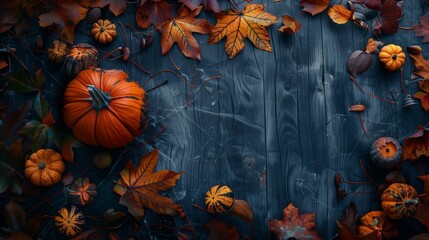 Creative autumn Halloween layout with various leaves and pumkins on dark wooden backgound. Flat lay.