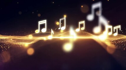 Golden musical notes and treble clef on dark background for festive and celebratory music videos, video intros, music related presentations and ads. Glowing music symbols, animated music notes