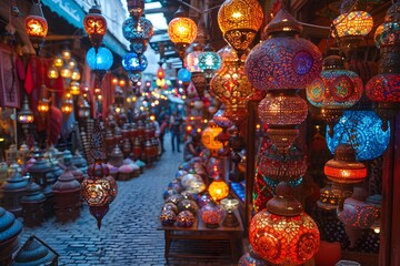 Fototapeta premium Vibrant Market of Colorful Lanterns in a Bustling Bazaar