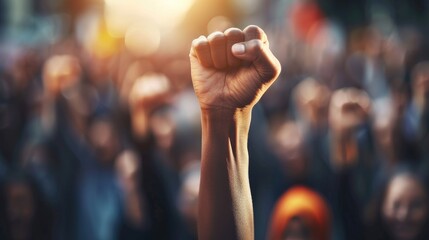 Raised fist in protest, symbolizing social activism and unity in a crowd of diverse people