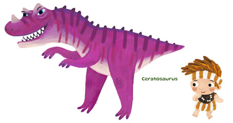 caveman human cartoon happy and funny colorful prehistoric dinosaur dino ceratosaurus isolated illustration with child pointing on animal © honeyflavour