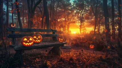 Spooky evil glowing eyes of Jack O' Lanterns at sunset on the left of a wooden bench on halloween night.