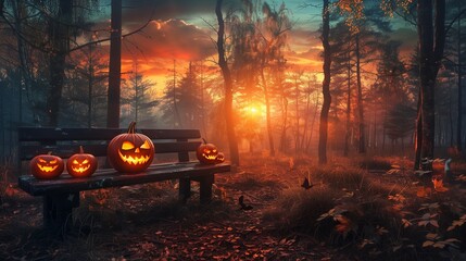 Spooky evil glowing eyes of Jack O' Lanterns at sunset on the left of a wooden bench on halloween night.