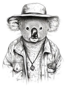 recommend clip art: Black and white Vintage engraved art of a koala in a tourist's outfit, isolated on white background, ink sketch illustration, simple vector art design, highly detailed line art, high contrasty