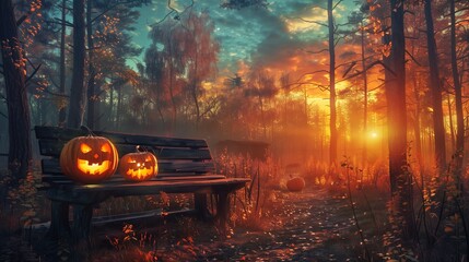 Spooky evil glowing eyes of Jack O' Lanterns at sunset on the left of a wooden bench on halloween night.