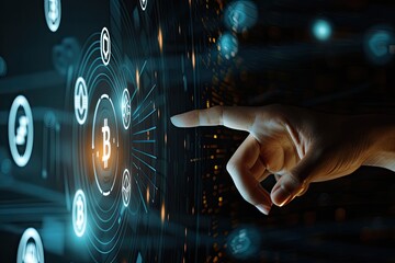 Hand gesturing towards digital currency symbols, showcasing the integration of innovative financial technology in modern economic interactions.