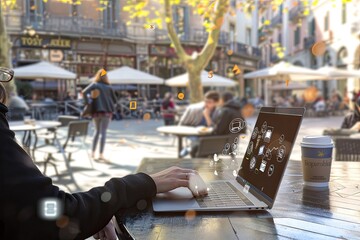 Obraz premium Café Work Session, individual immersed in work at an outdoor café, laptop open, surrounded by floating virtual icons symbolizing productivity and connectivity