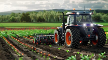 Fototapeta premium A modern tractor working in a lush green field, showcasing advanced farming technology and agricultural productivity.