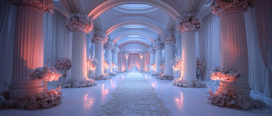 Obraz premium Elegant Wedding Ceremony Venue Decorated With White Flowers and Columns, Elegant Wedding Ceremony Venue Decorated With White Flowers and
