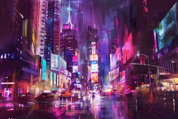 Fototapeta premium Vibrant Night Cityscape, a bustling urban scene illuminated by neon lights, filled with energy and movement, showcasing the lively atmosphere of a contemporary metropolis.