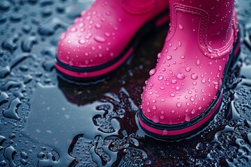 Vibrant Pink Rain Boots on a Wet Surface with Raindrops