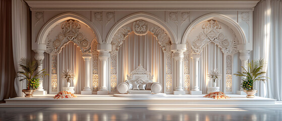 Elegant White Wedding Stage Decor with Intricate Archways and Floral Arrangements, Elegant White Wedding Stage Decor with Intricate Archways and Fl