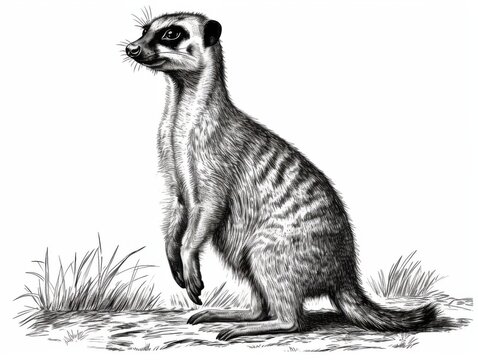 recommend clip art: Black and white Vintage engraved art of a meerkat isolated on white background, ink sketch illustration, simple vector art design, highly detailed line art, high contrasty 