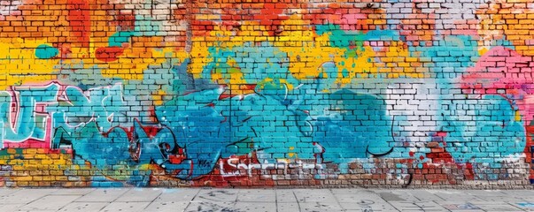 A weathered brick wall covered in graffiti, its vibrant colors and bold messages adding a layer of urban art to the landscape.